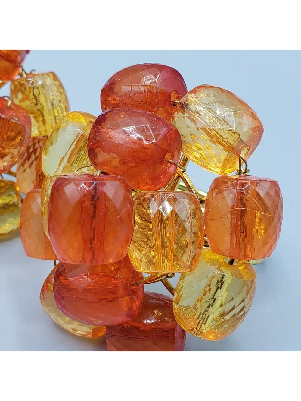 4 Orange Yellow Beaded Napkin Rings Faceted Gold Metal Wire Wrapped Spring